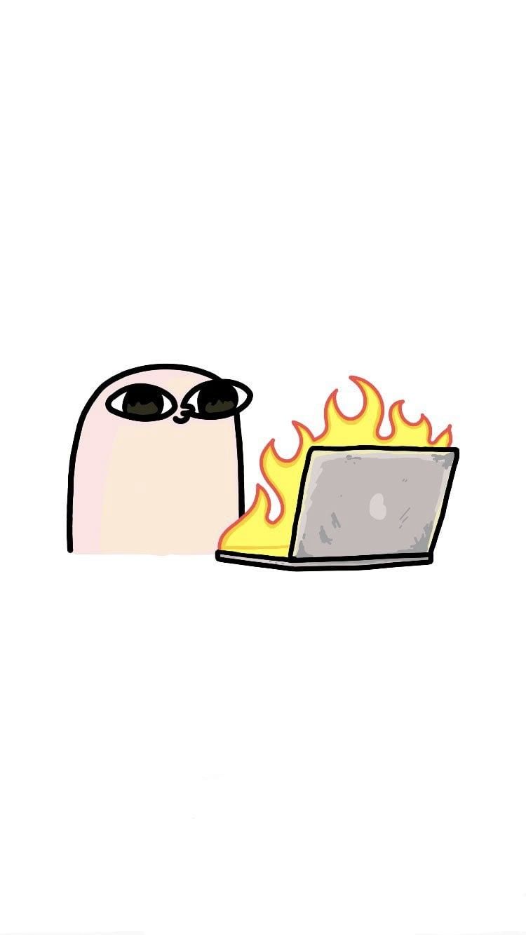 Illustration of a calm character beside a laptop engulfed in flames — Flint mascot